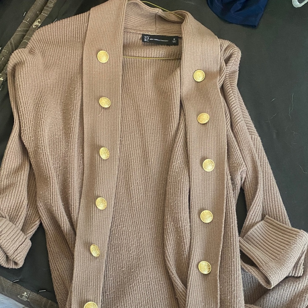 New York & Company Tan Cardigan with Gold Accents